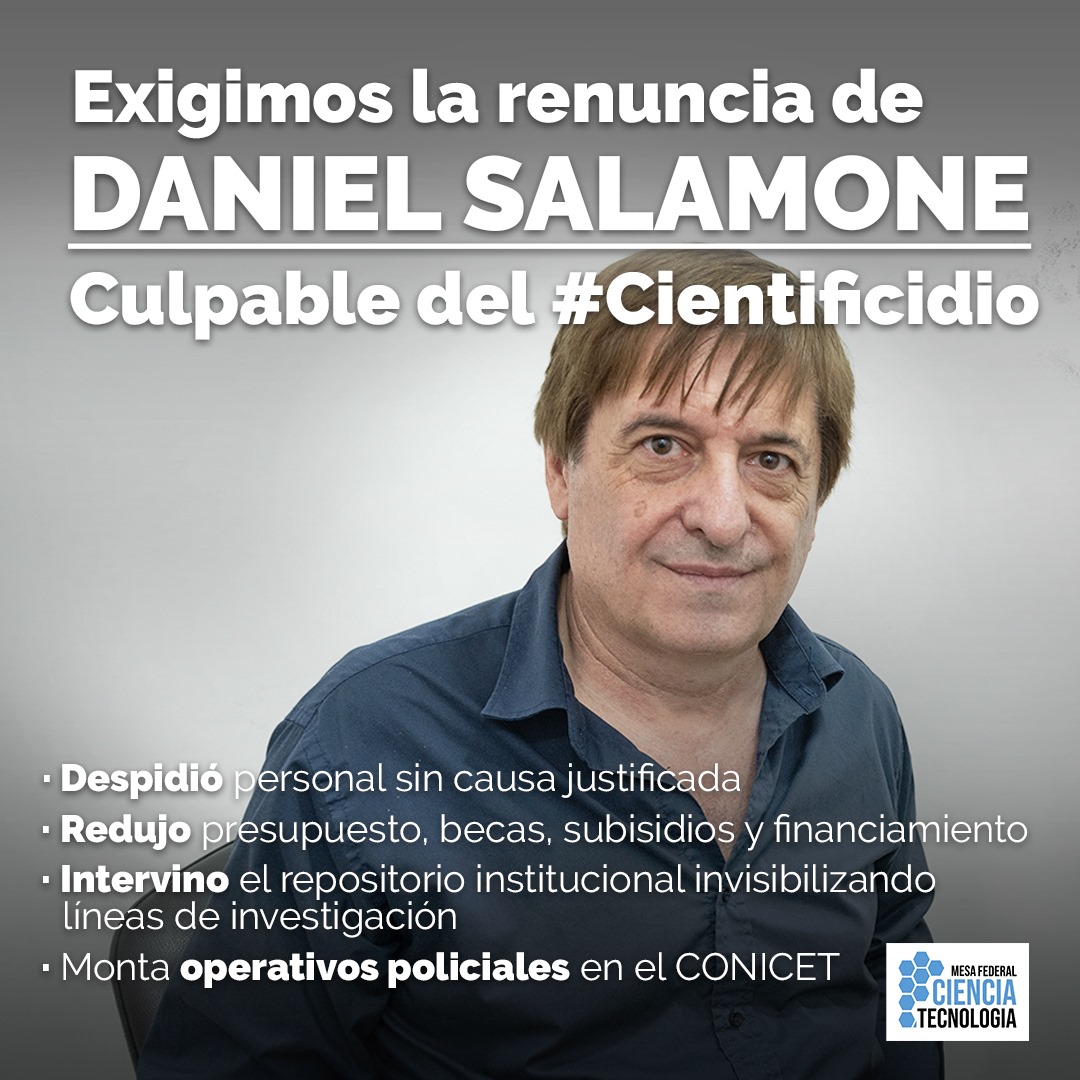 📌Al momento de asumir como presidente del #CONICET declaró: “El funcionamiento y el presupuesto del organismo están garantizados, los científicos pueden dormir tranquilos”. Hoy es el ejecutor del #Cientificidio.   👇 

#SalamoneRenunciaYa
#UnidadCyT
#CienciaEsDesarrollo