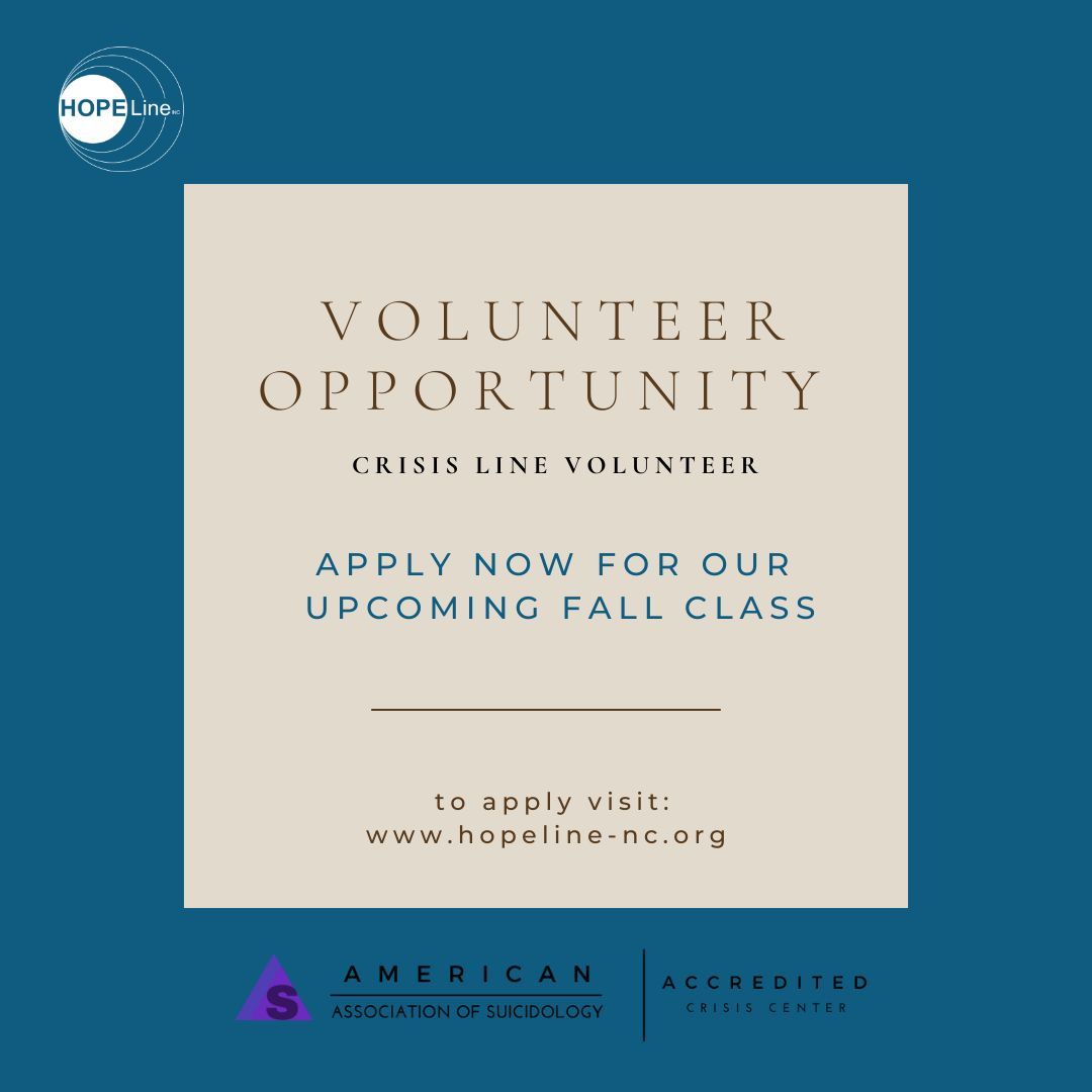 HopeLineNC's tweet image. Interested in volunteering for HopeLine? We just opened up spots for our Fall 2024 training class! Apply online using the link below or in our bio.

buff.ly/3Sk3crB 

*All applicants must be 18 years old and complete a background screening