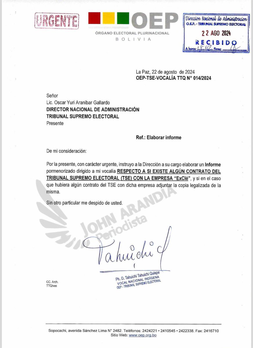 Tras la denuncia que la empresa venezolana “del fraude” es la misma que está en el Tribunal Supremo electoral de Bolivia, TSE pide informe urgente a su administrativo.