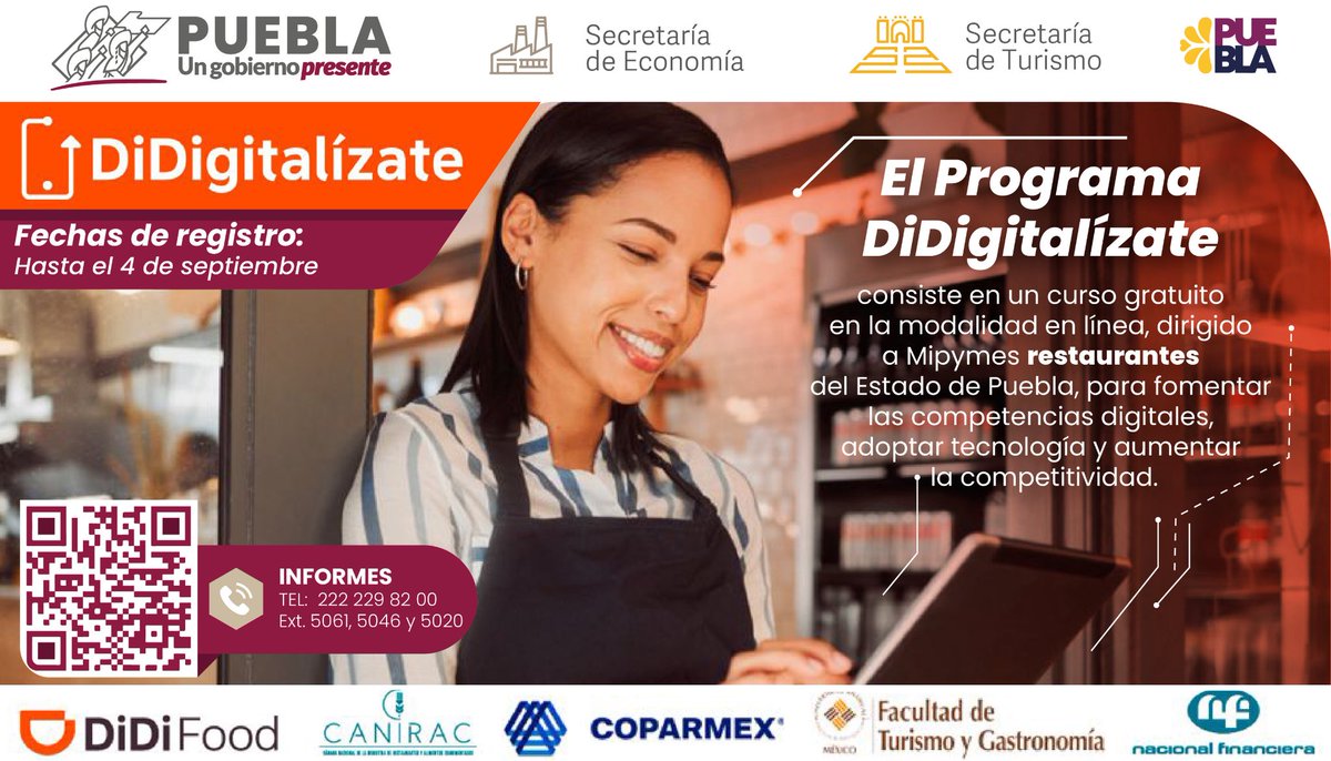 ¡Te invitamos a formar parte de la primera generación de "DiDigitalízate"! Un programa de capacitación digital, para impulsar el desarrollo y crecimiento del sector restaurantero de Puebla. 

👉🏼Regístrate sin costo antes del 4 de septiembre, en: forms.gle/GbYHzkapN1KnTs…
