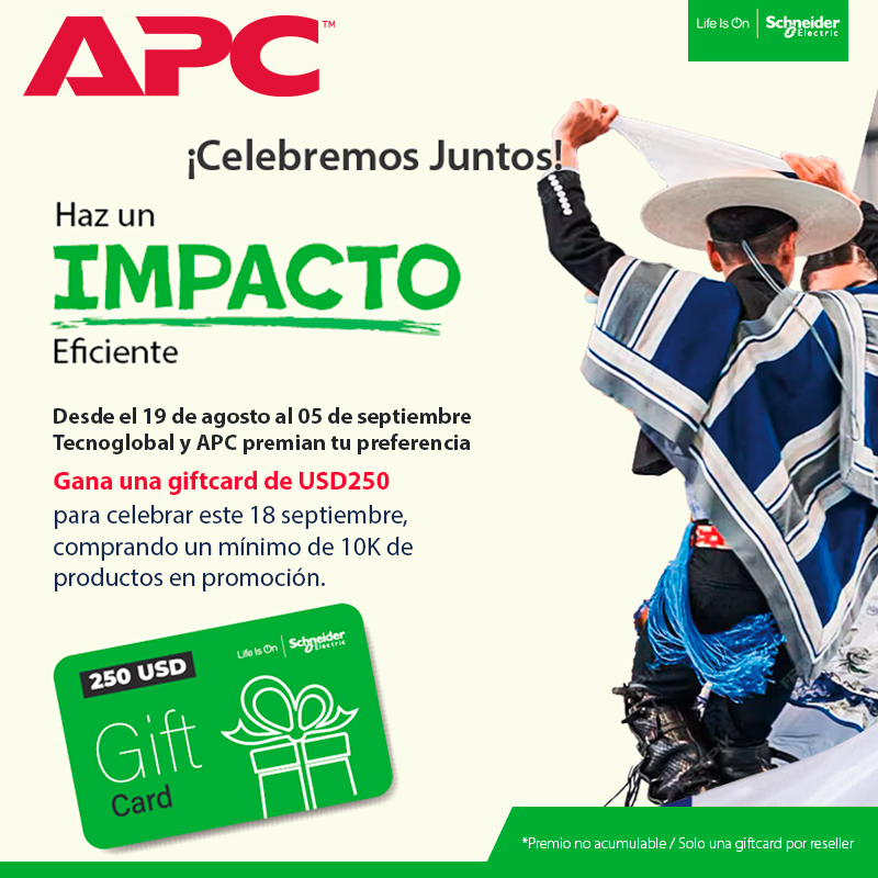 ¡Para celebrar este 18 de septiembre de la mejor manera, APC a través de Tecnoglobal regala a sus partners una giftcard de 250 dólares! Por cada compra por 10.000 dólares, el partner recibirá este regalo.
Revisa el catálogo de productos acá: bit.ly/3YQBdn7

#Tecnologia