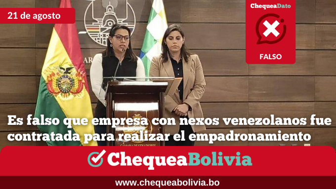 ChequeaBolivia's tweet photo. #EsFalso #ChequeaDato 
La senadora Nelly Gallo que denunció el caso, aclaró a ChequeaBolivia que el contrato no existe y que la empresa Ex–Cle no es la que está llevando a cabo el proceso de empadronamiento.  
>> Lee los detalles aquí:https://t.co/tXUqjo4NyL 
@TSEBolivia https://t.co/W5834b6UwL