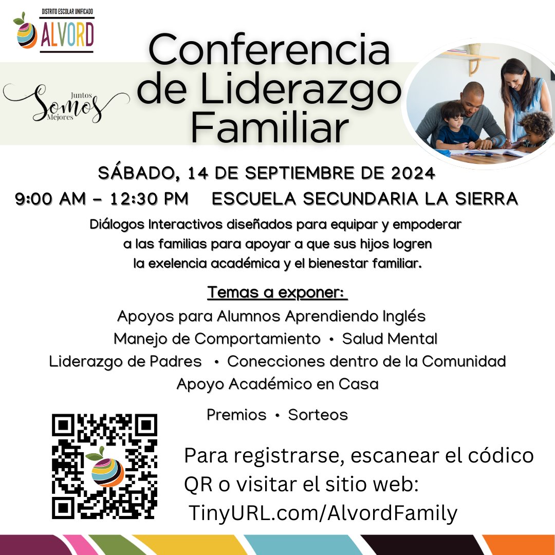 Join us for Alvord's Family Leadership Conference!
📚 Better Together. Partnering to support your child's academic success.
📅 Saturday, September 14th
⏲️ 9:00am - 12:30pm
🗺️ La Sierra High School
Register now: tinyurl.com/alvordfamily