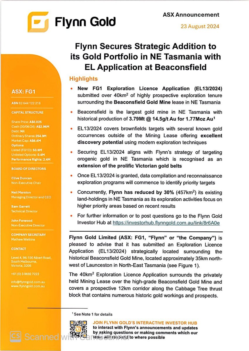 SalvadorMaurice's tweet image. $FG1 #FG1

Flynn Secures Strategic Addition to its #Gold Portfolio in NE Tasmania with
EL Application at Beaconsfield

Beaconsfield is the largest #gold mine in NE Tasmania with historical production of 3.79Mt @ 14.5g/t Au for 1.77Moz Au