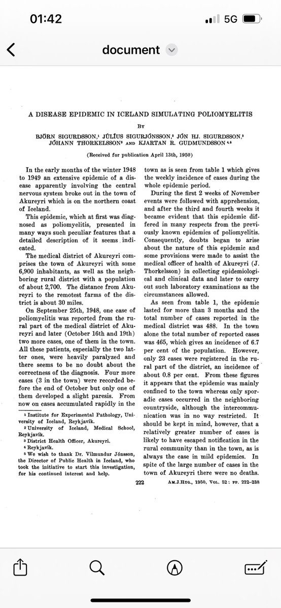 Die differenzierte klinische Beschreibung und Untersuchung der Pat 1948/1949 in Akureyri beeindruckt mich - hiervon können wir heute lernen #MECFS 
Wir Ärzte müssen Pat gut zuhören und hinschauen - wenn Biomarker fehlen erst recht