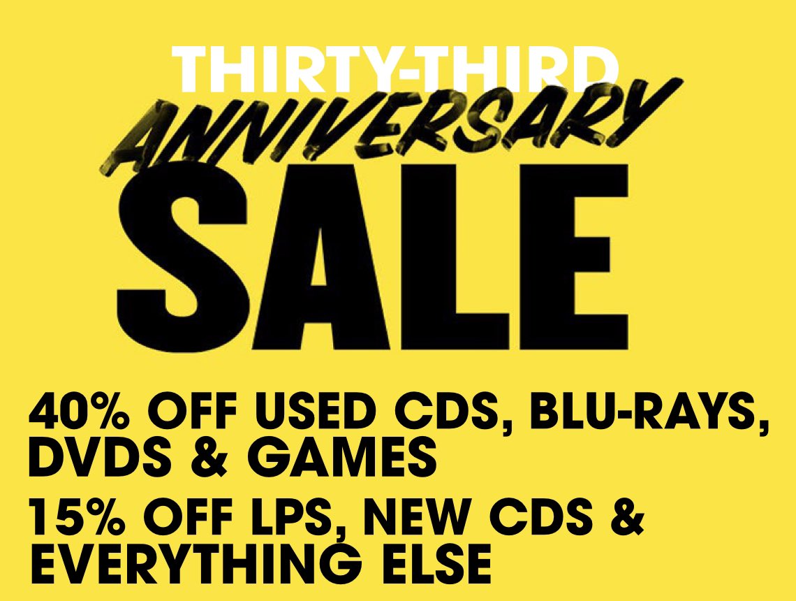 Our 33rd Anniversary Sale starts this Saturday at 10:00am at all Beat Goes On locations!  Save up to 40% storewide.