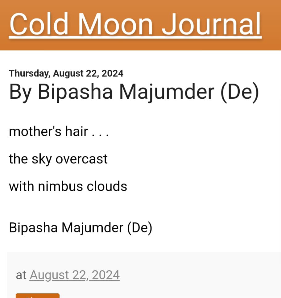 BIPASHADE1's tweet image. Elated that one of my haiku has found a good shelter in Cold Moon Journal today. Many thanks to Robin, editor of this journal.