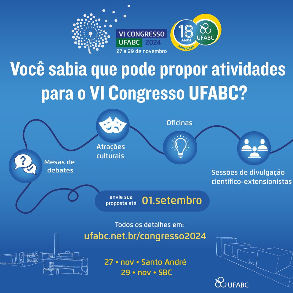 Bora construirmos juntas e juntos a programação do VI Congresso UFABC?

TRAGA SUA PROPOSTA!
Você poderá propor as seguintes atividades:
• Mesa de debate
• Atração cultural
• Sessão de divulgação científico-extensionista
• Oficinas

Mais informações em: congresso.ufabc.edu.br