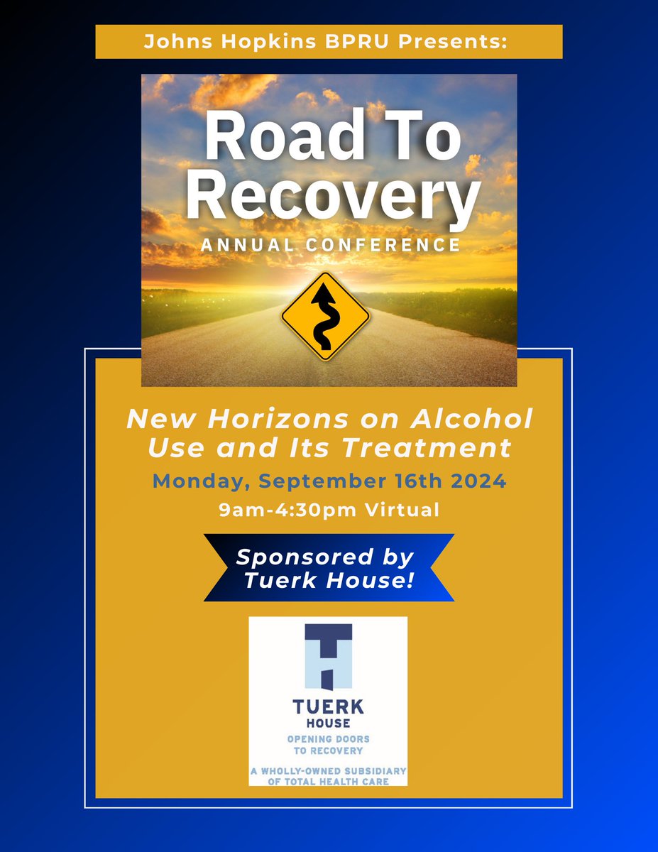 JHRoad2Recovery's tweet photo. Huge thanks to @TuerkHouse for sponsoring the Johns Hopkins Road to Recovery Conference! 

Join us on Sept 16th to learn about alcohol use treatment. Register: https://t.co/HKSJRg6upr

#R2R24 #partnership #recovery https://t.co/PEgWMY734A