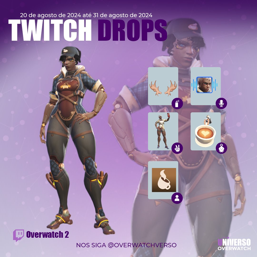Overwatch 2 Twitch drops disponiveis!

🕐Assista 2 horas: Spray Chifres
🕑Assista 4 horas: Ícone de jogar Café 
🕒Assista 6 horas: Linha de voz 
🕓Assista 9 horas: Amuleto de arma Café com leite
🕔Assista 12 horas: Pose de vitória
🕕Assista 15 horas: Visual épico Sojourn Barista