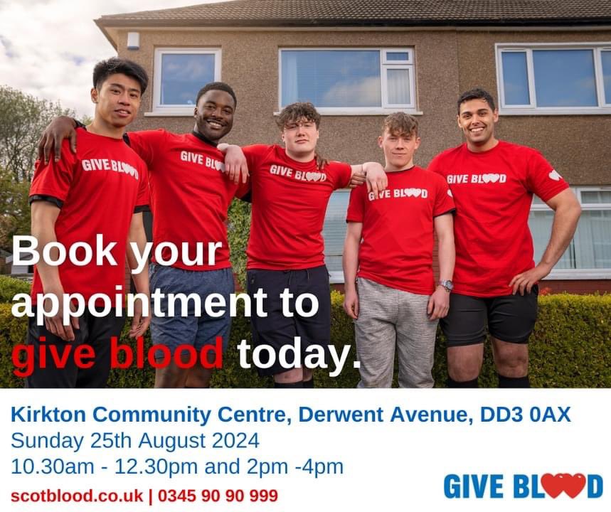 till some appointments left. Get booked in and help save a life. Call 0345 90 90 999 or online at scotblood.co.uk to book your space.