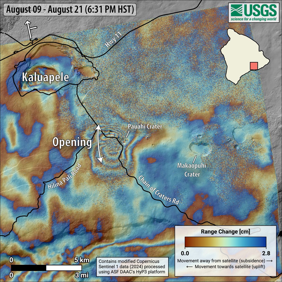 USGSVolcanoes's tweet image. New #interferogram for #Kīlauea shows deformation during Aug 9-21, 2024, indicating an intrusion near Pauahi Crater (upper East Rift Zone). The intrusion occurred during the night of August 19-20, coincident with high rates of earthquake activity.

ow.ly/6WPg50T4t29