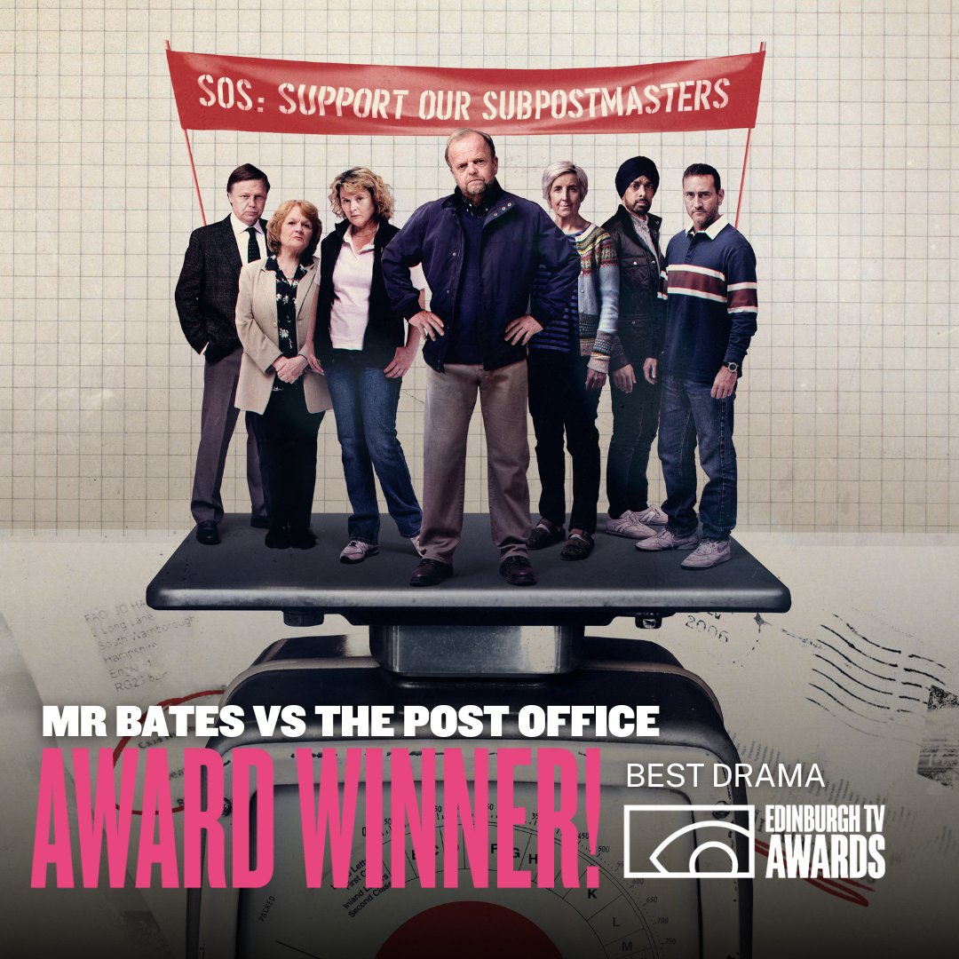 Congrats to all our awards winners at the #EdTVAwards tonight. You've done the ITV Studios family proud! 

🏆 Best Drama: Mr Bates vs The Post Office. 

Produced by ITV Studios &amp; <a href="/littlegemtv/">Little Gem TV</a>.