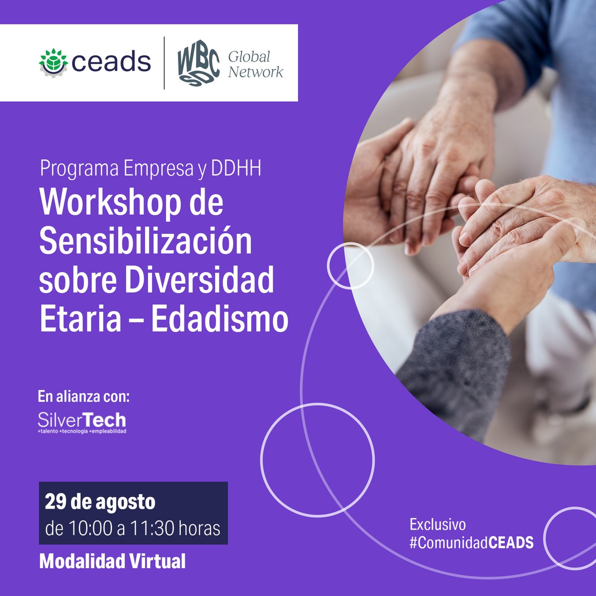 #ActividadCEADS Programa Empresa y DDHH: Workshop de sensibilización sobre diversidad etaria – Edadismo. En alianza con #Silvertech.  

🗓️ Jueves 29 de agosto de 10 a 11:30 hs.    

#diversidadetaria #SilverTech #bizandhumanrights #DDHH #sustentabilidad