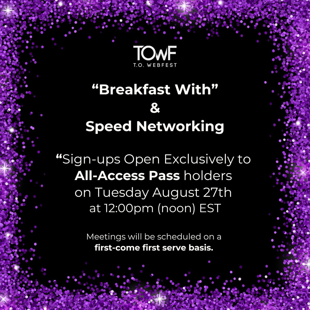 TOWebFest's tweet image. It&apos;s not too late to get your All-Access Pass! Take full advantage of what it includes like the networking sessions. 

Register for your Pass today!
l8r.it/V7sk

⁠
#webfest #towebfest #Toronto #conference #towf11 #allaccess #networking #speednetworking #breakfast