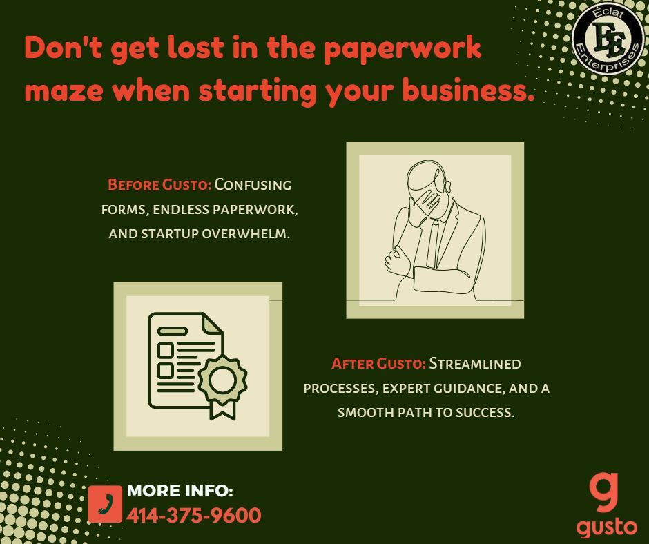 consulteclat's tweet image. Startup paperwork stressing you out? 

Gusto cuts through the maze. Streamlined processes, expert guidance. 

Book an appointment today or use our discount link: buff.ly/3RgecWQ 

#GustoStartups #StartupSimplified
