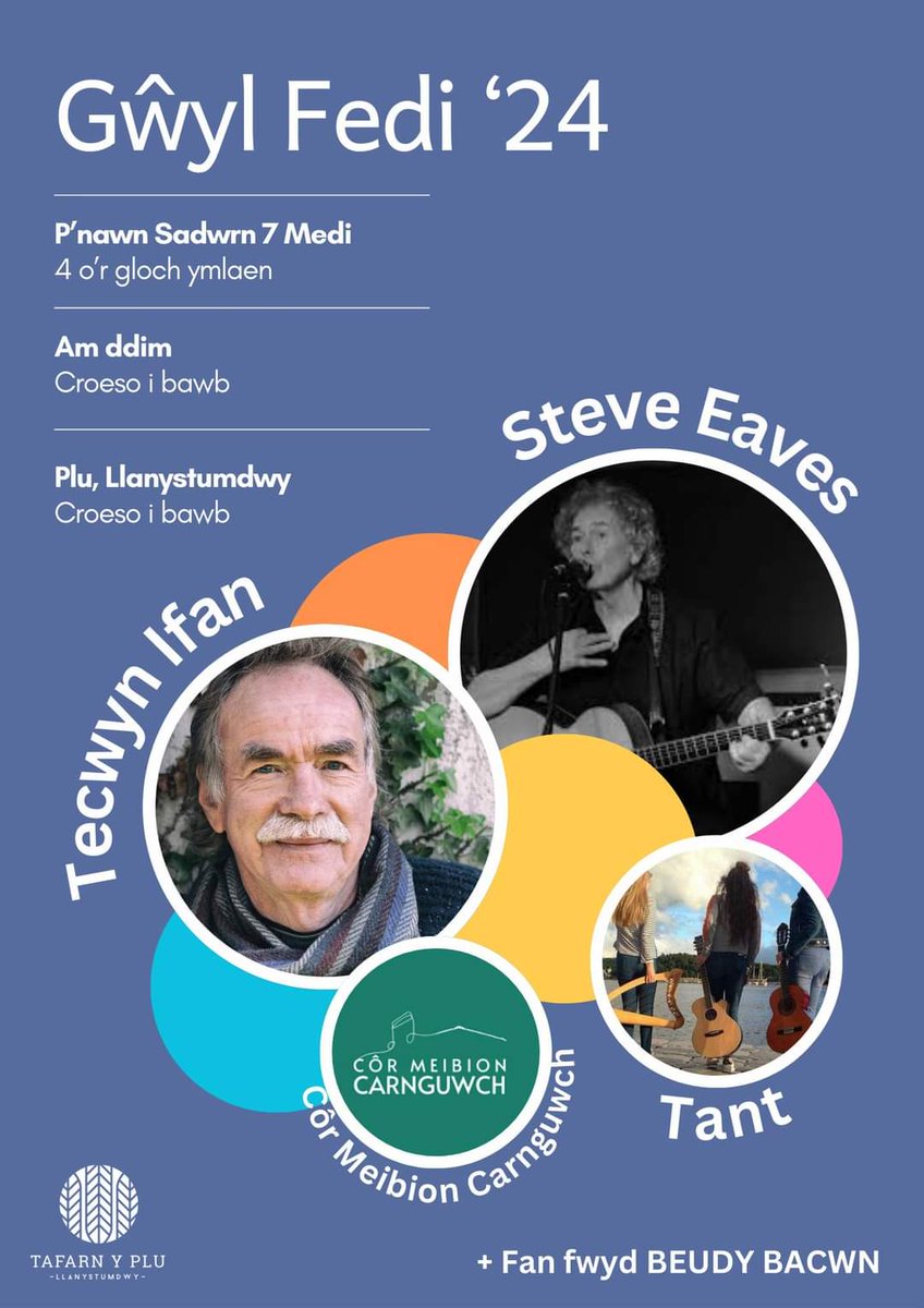 Dau gig AM DDIM i'ch dyddiaduron! 

🎸Pnawn Sul, 25 Awst
TEW TEW TENNAU / PHIL JONES
Cychwyn am 5 o'r gloch

🎤Nos Sadwrn 7 Medi
STEVE EAVES  / TANT / TECWYN IFAN / CÔR MEIBION CARNGUWCH
+ fan fwyd BEUDY BACWN
Cychwyn am 4 o'r gloch

Croeso i bawb!