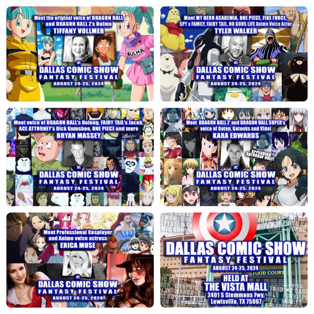 dallascomicshow's tweet photo. #Anime fans, we’ve got a  mix of voice actors from #DRAGONBALL Z, #MYHEROACADEMIA #ONEPIECE #FIREFORCE &amp; more at #DallasComicShow August 24-25 at @mcmlewisville! Meet Tiffany Vollmer, Tyler Walker, Bryan Massey, Kara Edwards (Saturday) &amp; Erica Muse. Info - https://t.co/a3Q2NskyQE https://t.co/OBh5LyJrdD