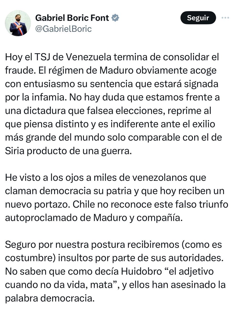 WASAMANIA's tweet photo. Esta es la reacción del Presidente Boric de Chile al fallo del TSJ, que ratifica el golpe de Estado en Venezuela. https://t.co/B6y82KQfvX