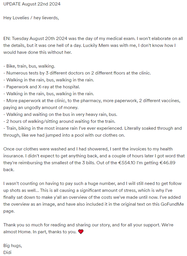 TheADHDidi's tweet photo. UPDATE on our @GoFundMe page, including an overview of the costs we've made until now. I've added the overview as an image, and have also included it in the original text on the page.

Better readable on the page itself, including a Dutch version:
https://t.co/9em7uFmEWY https://t.co/4h4XqsufIT