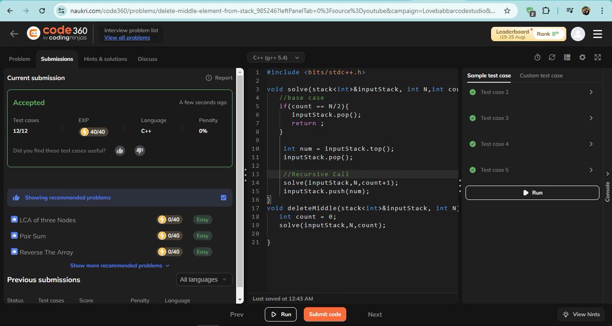 Mont_y_adav001's tweet image. Namaste Connections!🙏
🚀 #Day65 of #100DaysOfCode Challenge!
🔹Solved two stack problems on #Code360:
1️⃣Delete Middle Element from Stack
2️⃣ Insert an Element at Its Bottom in a Given Stack
🔸Also completed the #POTD on #LeetCode: Number Complement.💻
#Coding #ProblemSolving
