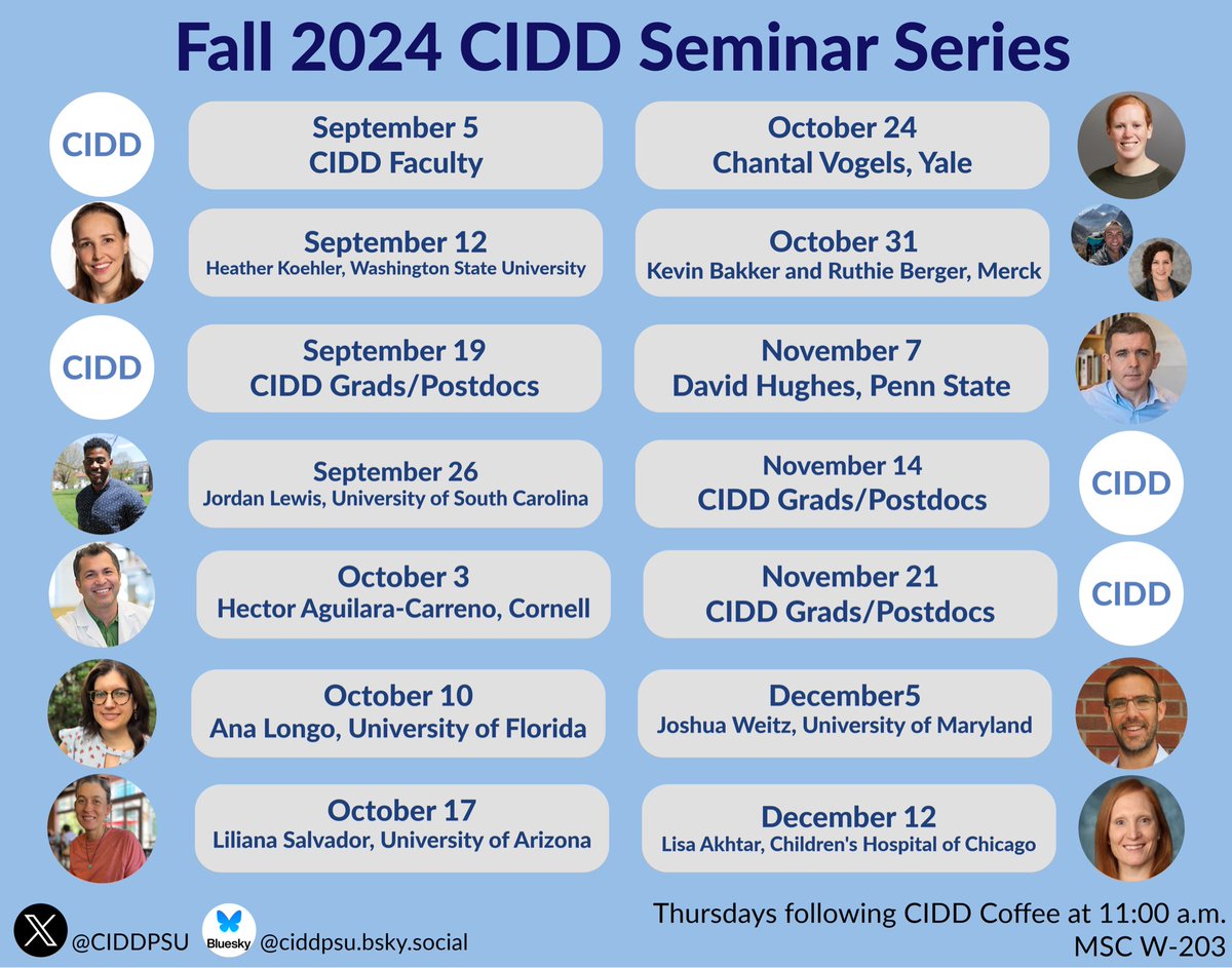 Announcing the Fall 2024 #CIDDSeminar series! <a href="/CIDDGrads/">CGSA</a>  <a href="/JotheBiologist/">Jordan Lewis</a> <a href="/AguilarVirology/">Hector Aguilar-Carreño</a> @VogelsChantal <a href="/DH_PlantVillage/">David Hughes</a> <a href="/joshuasweitz/">Joshua Weitz</a> @LisaNAkhtar
