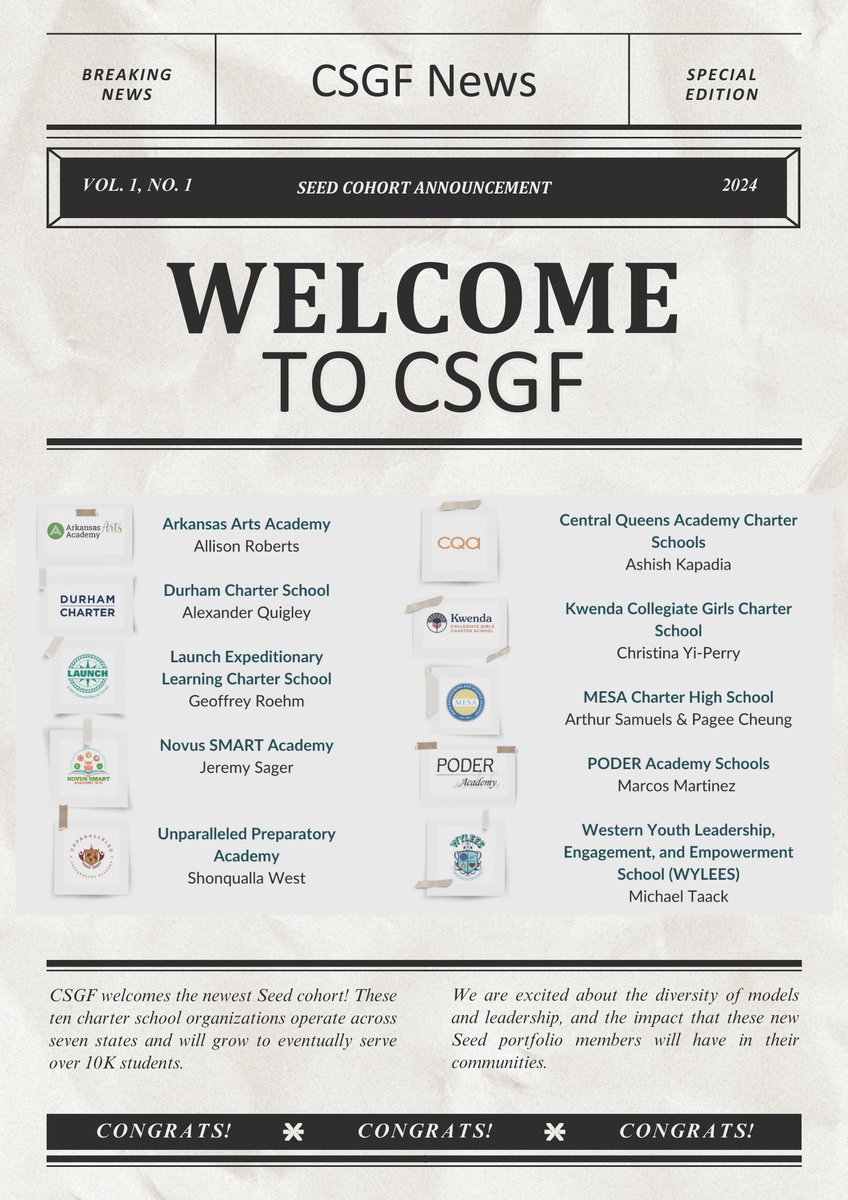 CSGF welcomes the newest Seed cohort! These ten charter school organizations operate across seven states and will grow to eventually serve over 10K students. We are excited about the diversity of models and leadership, and the impact that these new Seed portfolio members will