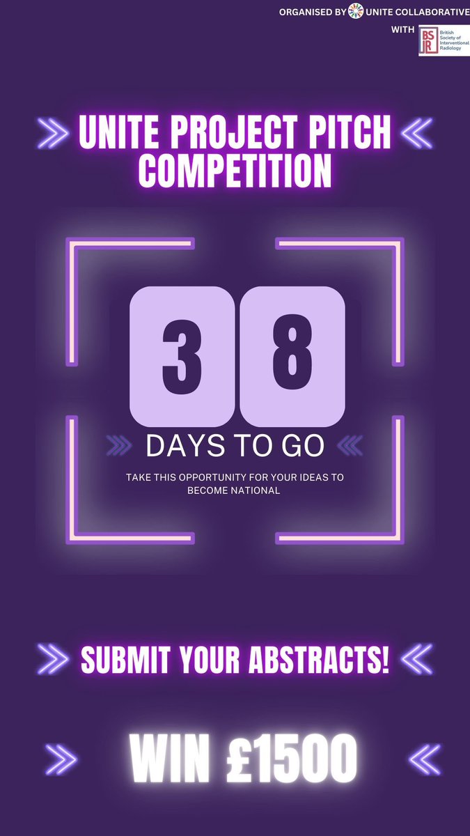 Don’t miss your opportunity to submit your ideas for the Project Pitch Competition! 

You can be the lucky one to…
- Win £1500
- Lead a National audit/Research in IR 
- Gain the max 6 points in your Radiology Portfolio 

For more details follow the link: tinyurl.com/3ctrn5yd