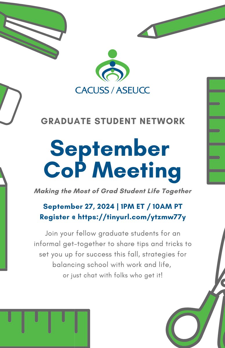 <a href="/cacusstweets/">CACUSS/ASEUCC</a> Graduate Student Network is excited to announce our September CoP meeting will take place on Sep 27 at 1PM ET/10AM PT

Register: tinyurl.com/ytzmw77y

#GradStudents #GradStudentLife #CdnPSE #SACdn