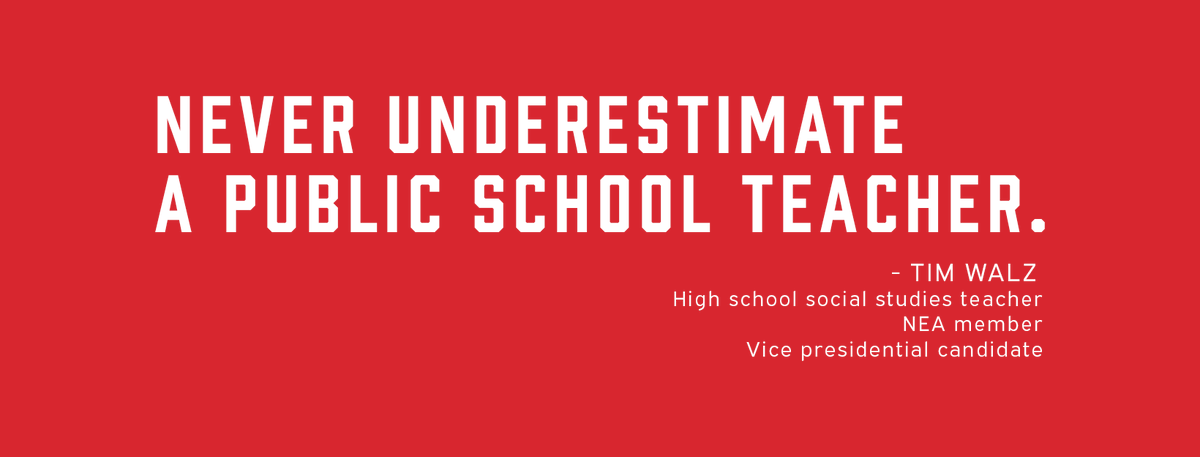 ieanea's tweet photo. As a teacher, Tim Walz taught social studies, supervised the lunchroom &amp; coached football. As MN Gov., he raised teacher pay, provided unemployment insurance for ESPs &amp; expanded collective bargaining rights. We need public education champions in the White House. Tim Walz gets it. https://t.co/8YDOHGrd2Q