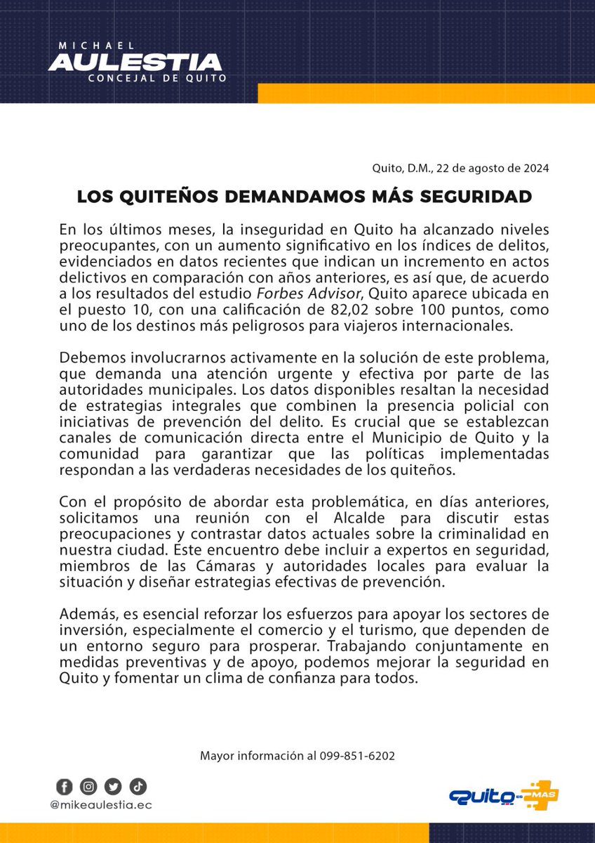🔴#ATENCIÓN | Hace unos días <a href="/ForbesAdvisor/">Forbes Advisor</a> publicó un informe sobre las ciudades más peligrosas del mundo, #Quito aparece entre ellas, he pedido la intervención de los diferentes actores de la Ciudad en materia de seguridad, debemos abordar estos temas con objetividad sobretodo