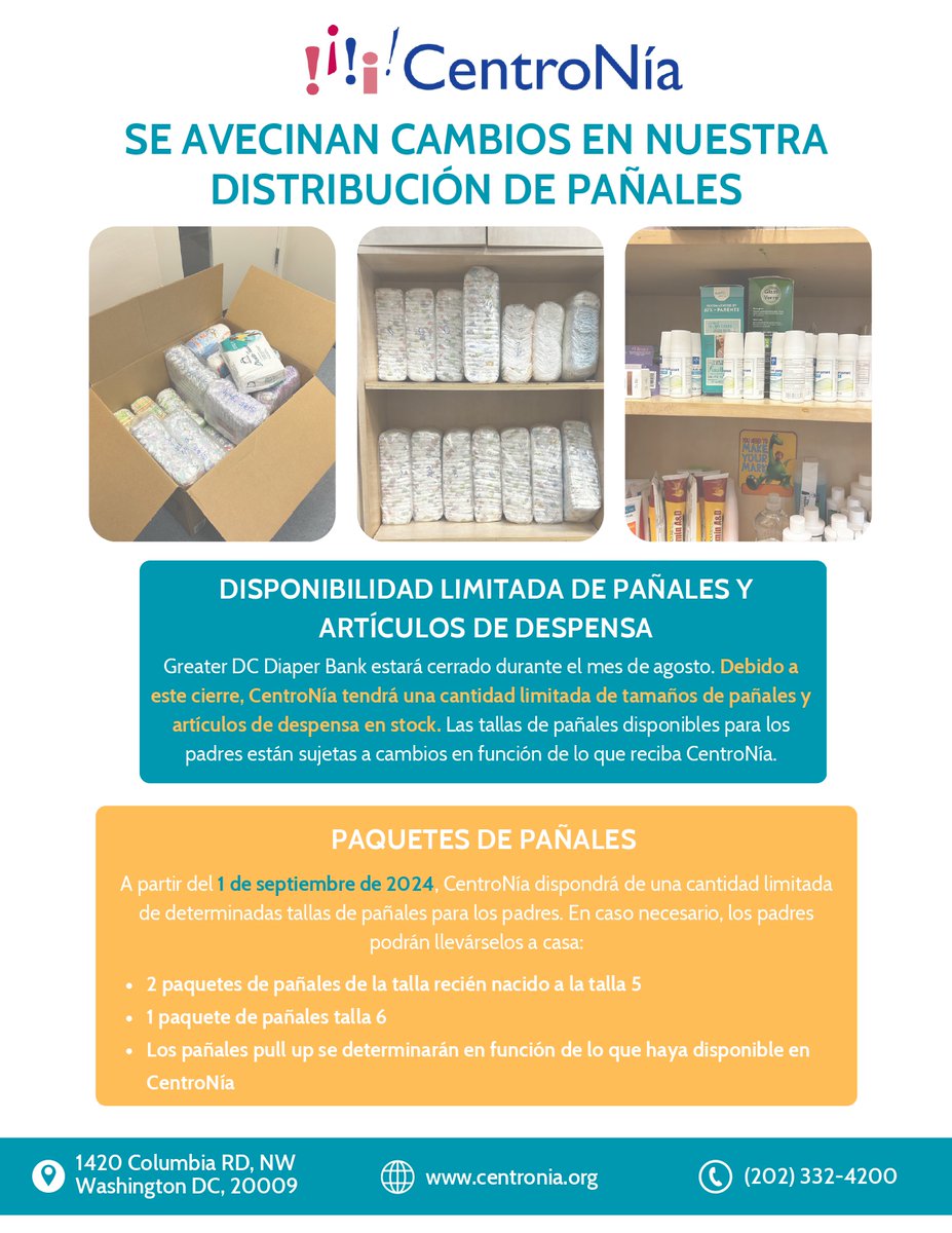 CentroNia's tweet image. CentroNía Families 📢📢 Important changes are coming to our #diaperdistribution and pantry items.

Starting September 1st, CentroNía will have a limited amount if certain diaper sizes available for CentroNía parents.

Please read our flyer for more information!

#diaperorders