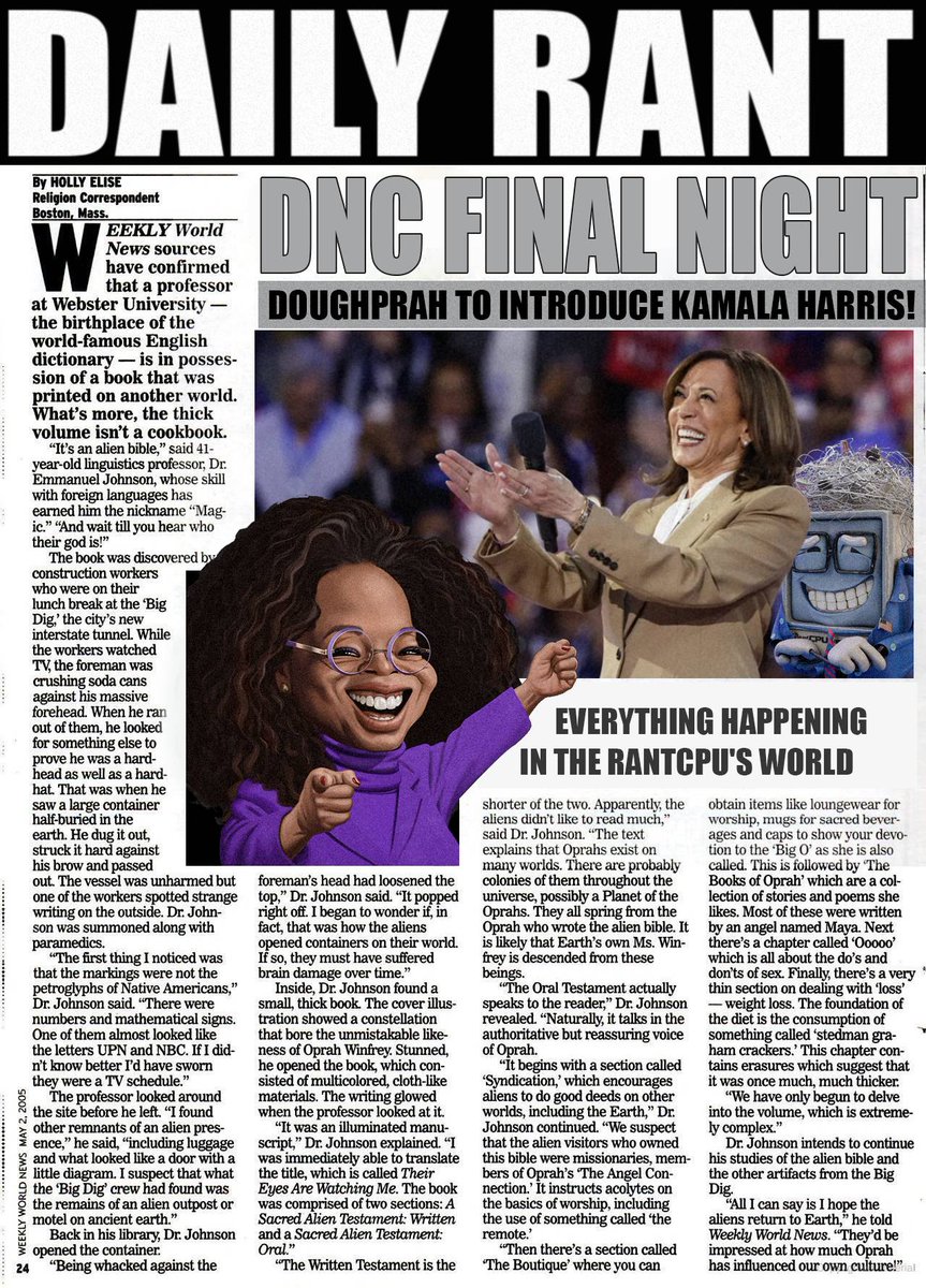 rantclickbait's tweet photo. 🎤 Surprise, surprise! Guess who made a grand entrance at the DNC to introduce Kamala Harris? 💁🏿‍♀️ Doughprah herself! 🍩
Want to know what she said? 🗣️🃏🔥👉 Dive into the action here: https://t.co/7K1AkVZZP5

#DNC #RantCPU #KamalaHarris #OprahWinfrey #Talkshow #NOIS #Biden https://t.co/vFv1T5ndi3