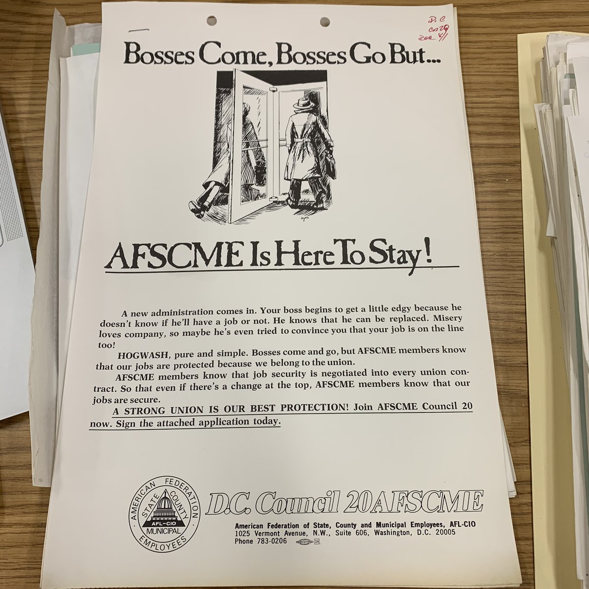 Bosses come, bosses go but <a href="/AFSCME/">AFSCME</a> is here to stay! Flyer, AFSCME Council 20.