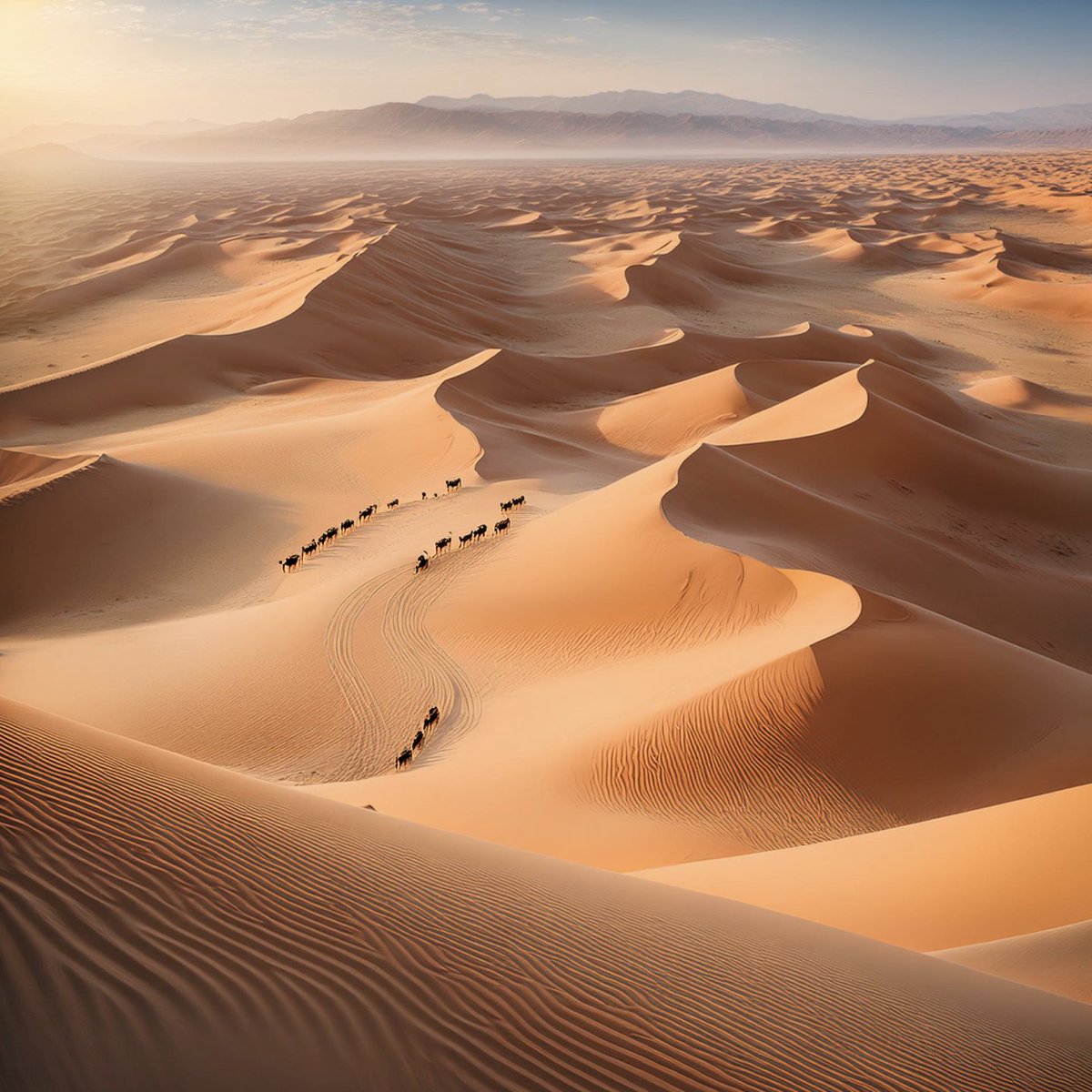 unseenchasm's tweet photo. Endless horizons and windswept dunes, where the desert whispers ancient tales. #DesertDreams #GoldenDunes #VastLandscapes #AI https://t.co/lKO2ZHipKE