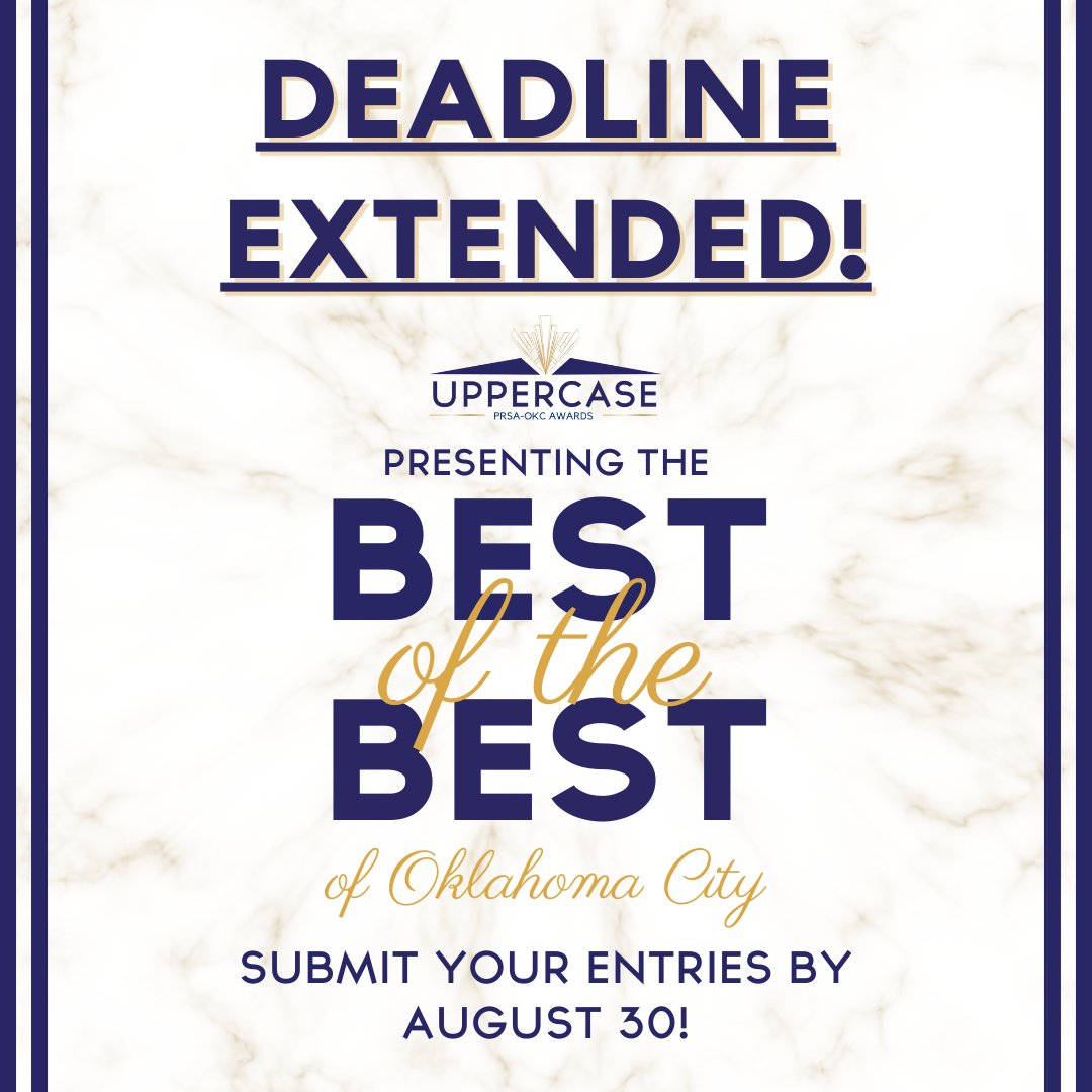 The deadline for entries for the 2024 PRSA-OKC Upper Case Awards is extended to Friday, Aug. 30! Help us celebrate the best #PR work &amp; people in #OKC at the annual Upper Case Awards ceremony on Oct. 24 at Skyline on Bricktown Canal! Submit your entry today uppercaseokc.com