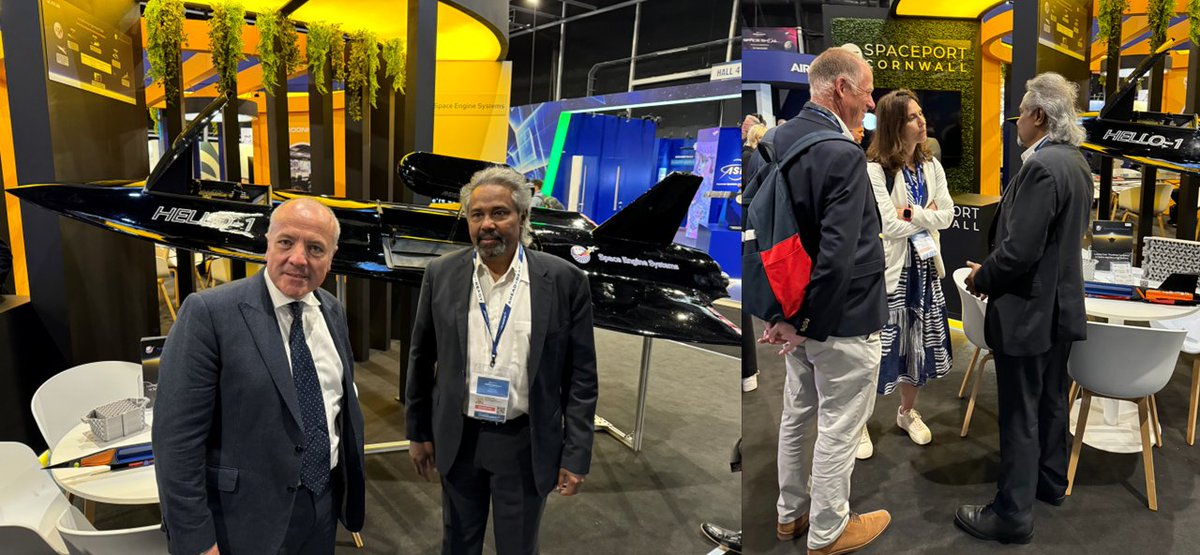 The United Kingdom Under-Secretary of State for Aviation, Maritime &amp; Security Mike Kane in discussions with Pradeep Dass, President &amp; CTO of Space Engine Systems at Farnborough Air Show.