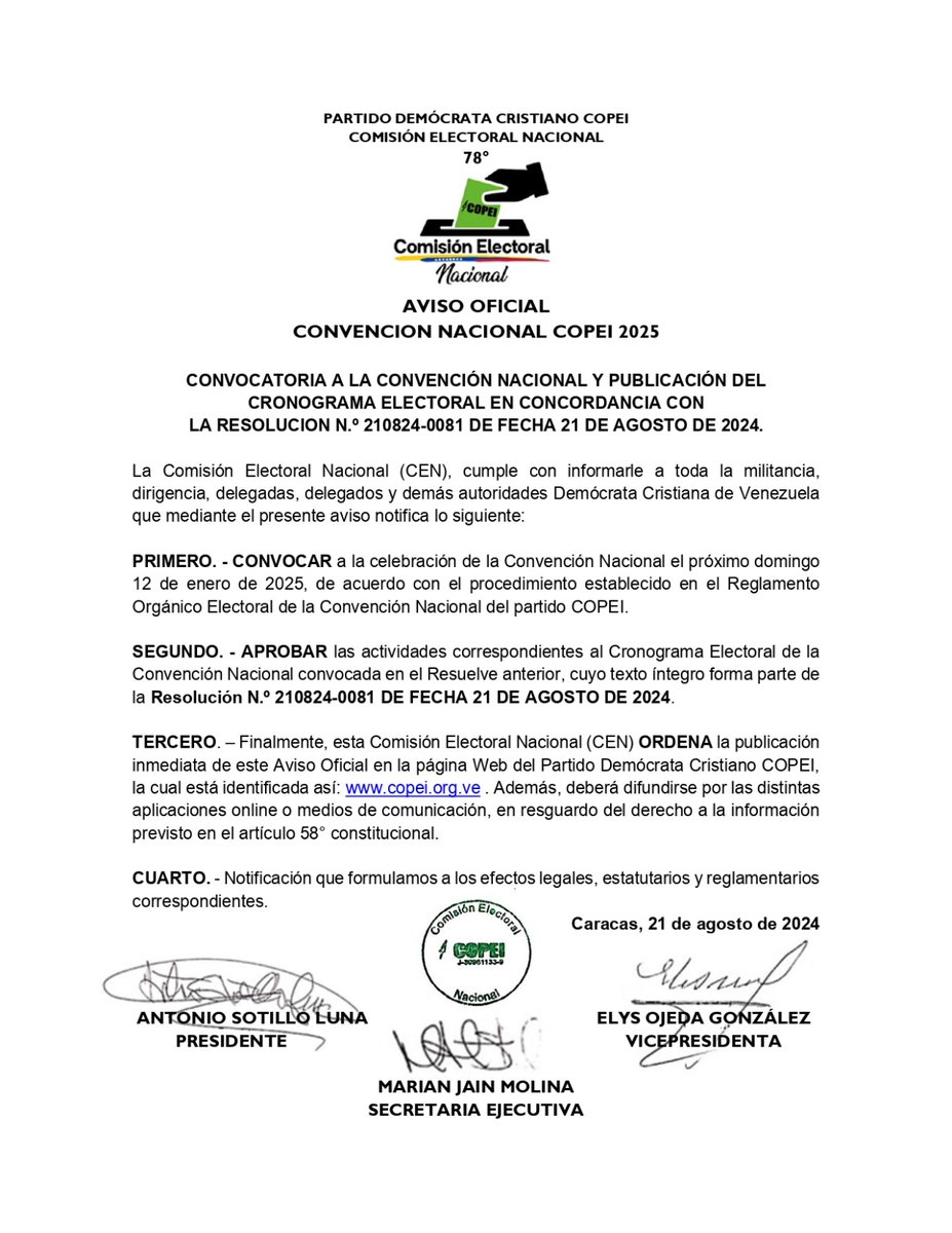 CENPartidoCOPEI's tweet photo. Aviso Oficial Convención Nacional Copei 2025 https://t.co/DsBGZo9UKa