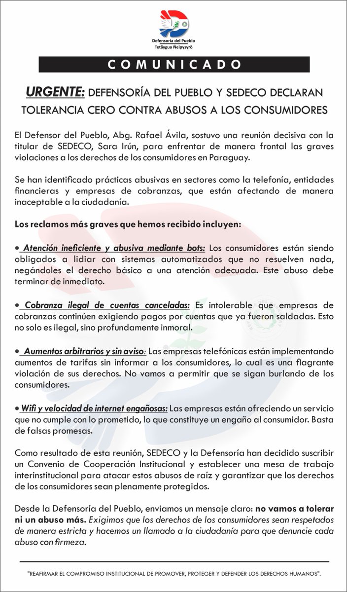 DefensoriaPy's tweet photo. ⚠️Urgente: Defensoría del Pueblo y SEDECO Declaran Tolerancia Cero Contra Abusos a los Consumidores.

▪️Los derechos de los consumidores no son negociables. https://t.co/9NNuzGxp3O