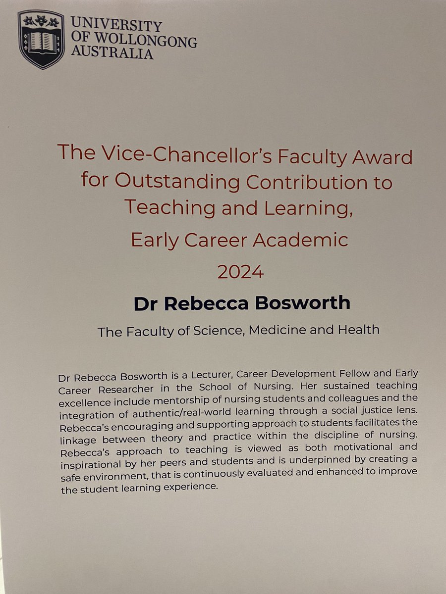 Dr Rebecca Bosworth (@rebeccaboswort2) on Twitter photo So humbled to receive my #OCTAL award, reflecting upon my passion for teaching over the past 6 years in the <a href="/UoWnursing/">UOW School of Nursing</a> school and journey as an educator.
Incredibly grateful for nominations from students & colleagues
#Teaching #Learning #Motivate #Inspire
#RealWorldLearning So humbled to receive my #OCTAL award, reflecting upon my passion for teaching over the past 6 years in the <a href="/UoWnursing/">UOW School of Nursing</a> school and journey as an educator.
Incredibly grateful for nominations from students & colleagues
#Teaching #Learning #Motivate #Inspire
#RealWorldLearning