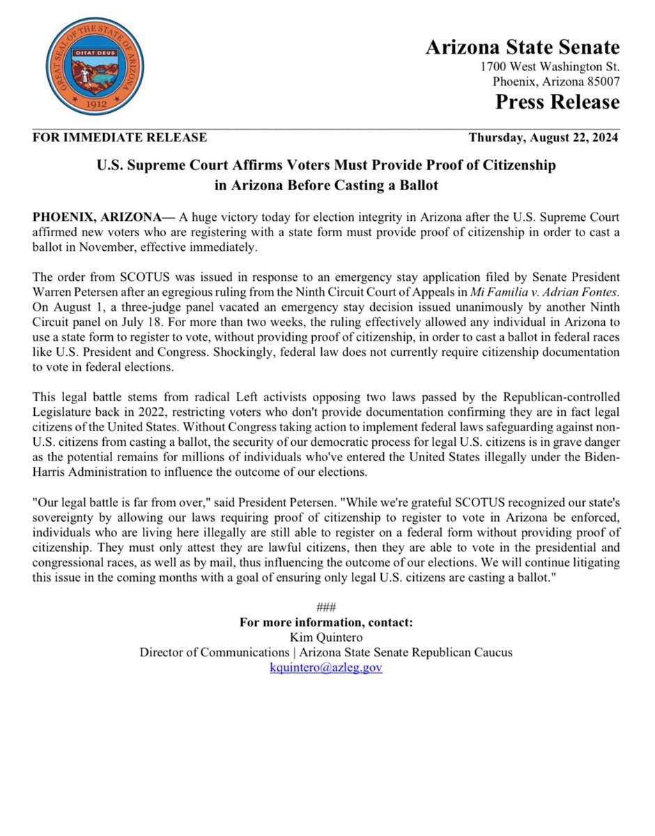 🚨FOR IMMEDIATE RELEASE: U.S. Supreme Court Affirms Voters Must Provide Proof of Citizenship in Arizona Before Casting a Ballot

Full Statement: azsenaterepublicans.gov/post/u-s-supre…