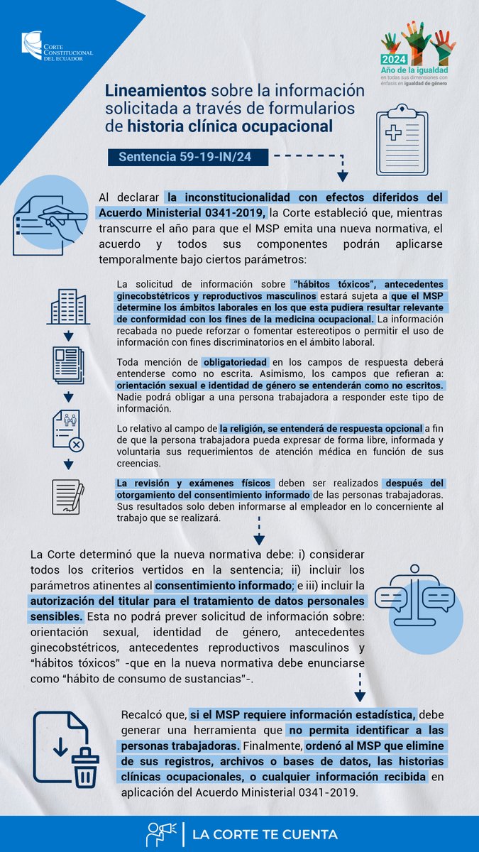 CorteConstEcu's tweet photo. LA CORTE TE CUENTA📢| Sobre los parámetros que deberá observar el MSP para la elaboración y aplicación de formularios de historia clínica ocupacional a las personas trabajadoras de las empresas, instituciones públicas y privadas de todos los sectores productivos del país. https://t.co/BMVU7kc8c0
