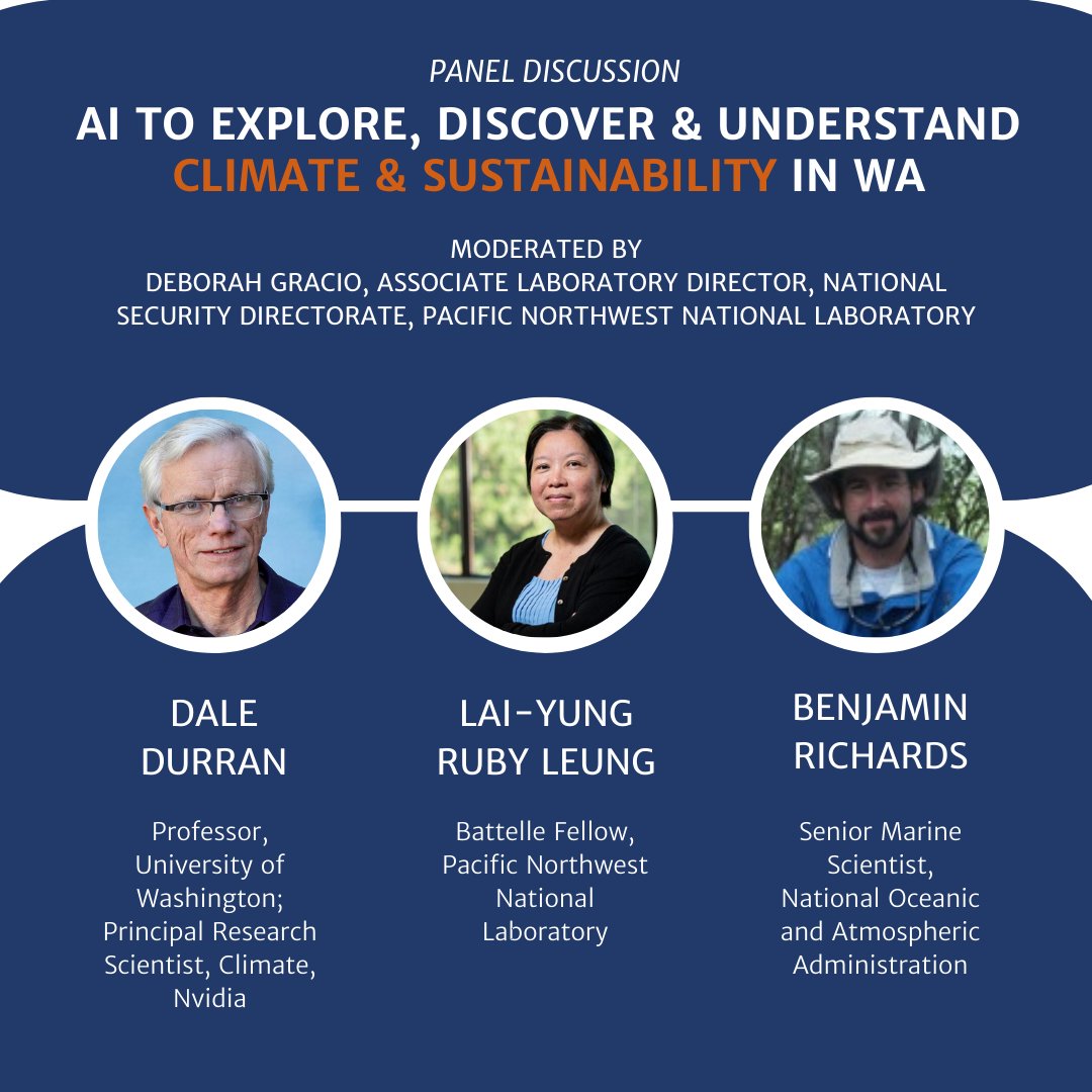 Washington State Academy of Sciences (WSAS) (@washacad) on Twitter photo Announcing our symposium's AI for Climate & Sustainability panel: Deborah Gracio <a href="/PNNLab/">Pacific Northwest National Laboratory</a> (moderator); Dale Durran <a href="/UW/">University of Washington</a> & <a href="/nvidia/">NVIDIA</a>; Ruby Leung <a href="/PNNLab/">Pacific Northwest National Laboratory</a>; & Benjamin Richards <a href="/NOAA/">NOAA</a>. Register today - early bird pricing ends 8/31!
View the agenda & register: washacad.org/symposium/ Announcing our symposium's AI for Climate & Sustainability panel: Deborah Gracio <a href="/PNNLab/">Pacific Northwest National Laboratory</a> (moderator); Dale Durran <a href="/UW/">University of Washington</a> & <a href="/nvidia/">NVIDIA</a>; Ruby Leung <a href="/PNNLab/">Pacific Northwest National Laboratory</a>; & Benjamin Richards <a href="/NOAA/">NOAA</a>. Register today - early bird pricing ends 8/31!
View the agenda & register: washacad.org/symposium/
