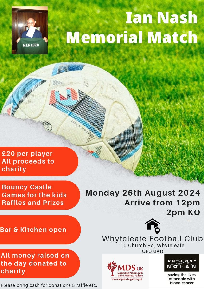 This Bank Holiday Monday we are having a charity football match in memory of former CEFC manager Ian Nash. All money raised will go towards the MDS and Anthony Nolan charities. There will be stuff to do for the kids, the bar will be open after the game for food and also a raffle.