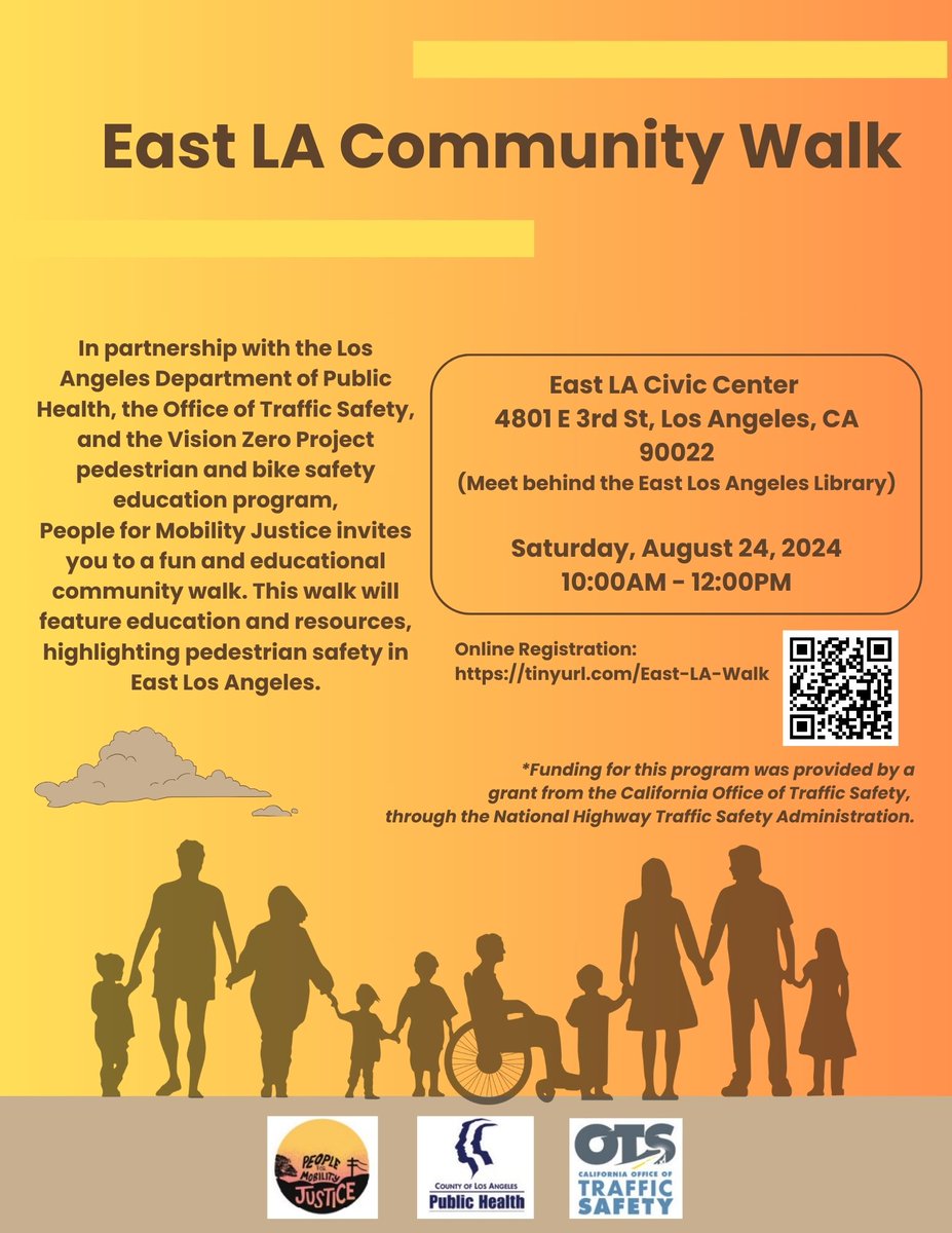 Join PMJ this Saturday 8/24 at 10am for a community walk in East LA. We will explore local art, resources, and highlight pedestrian safety measures. See you then! #mobilityjustice #visionzero

*Funding for this program was provided by a grant from @ots_ca and <a href="/lapublichealth/">LA Public Health</a>