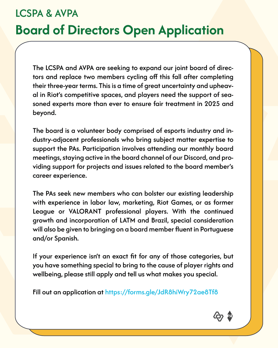 LCSPA and AVPA Board of Directors Open Application: forms.gle/JdR8hiWry72ae8…