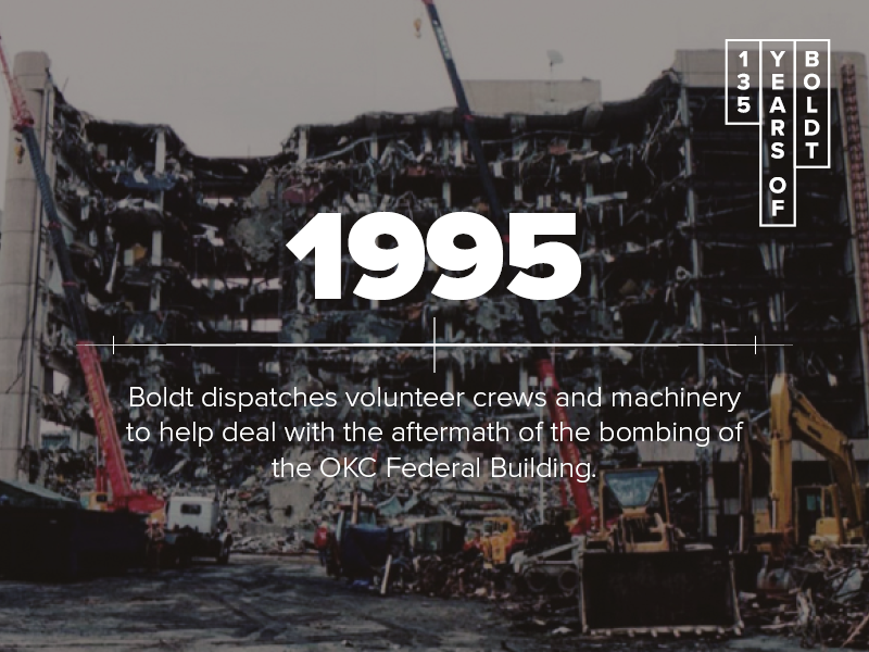 135 Years of Boldt: 1995
In celebration of 135 years of building boldly, we are taking a look back over the years. In 199, Boldt sent dedicated teams and equipment to aid in the aftermath of the OKC Federal Building bombing.
Learn more about Boldt history: boldt.com/about