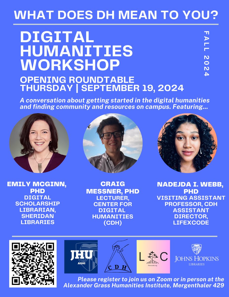 We're back! Kicking off another exciting line up of JHU DH Workshops and celebrating our first semester with <a href="/JHUHumanities/">Alexander Grass Humanities Institute at JHU</a>. Join us next month in person or on Zoom! (Registration here: jhu.libcal.com/calendar/event…)