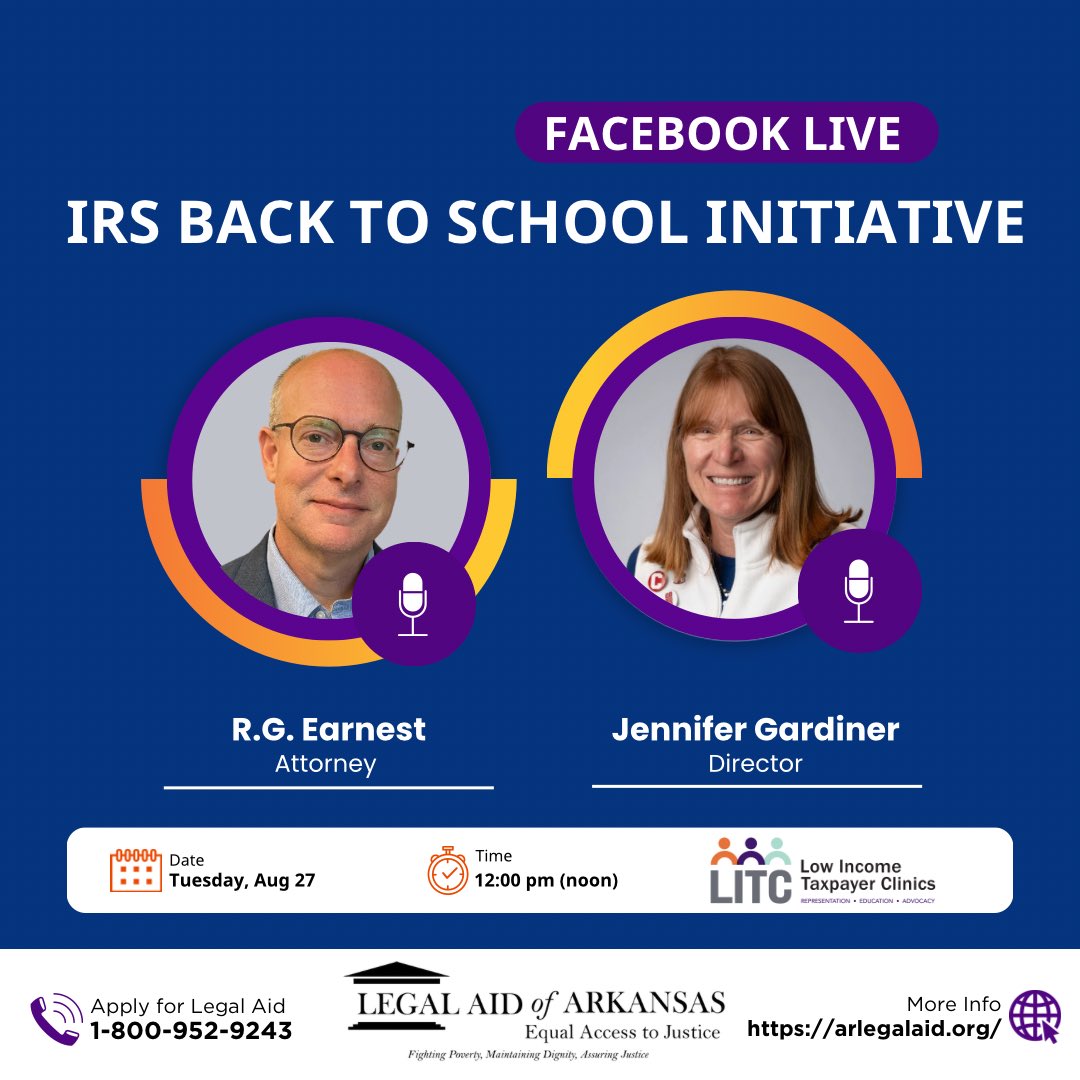 Join our Facebook Live on August 27th to learn about the IRS back to school initiative! <a href="/arlegalaid/">Legal Aid of AR</a>