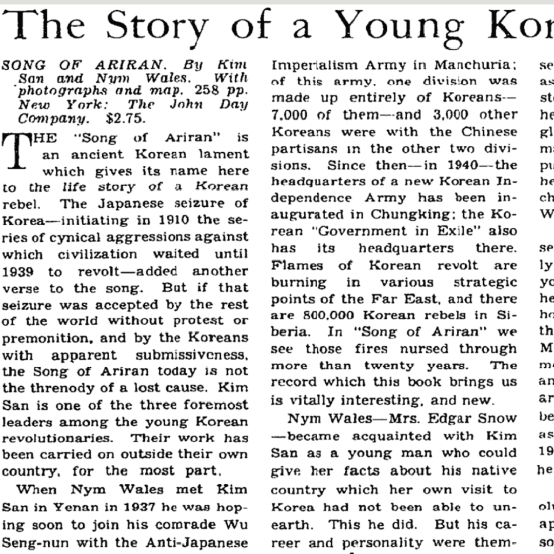 kayapress's tweet photo. Today, we’d like to share the  the original 1941 review of Song of Ariran written by Kim San and transcribed by Nym Wales.

SONG OF ARIRANG is now available - order link in bio. Stay tuned for exciting collaborations in support of this momentous publication. https://t.co/WwrpBDqB8g